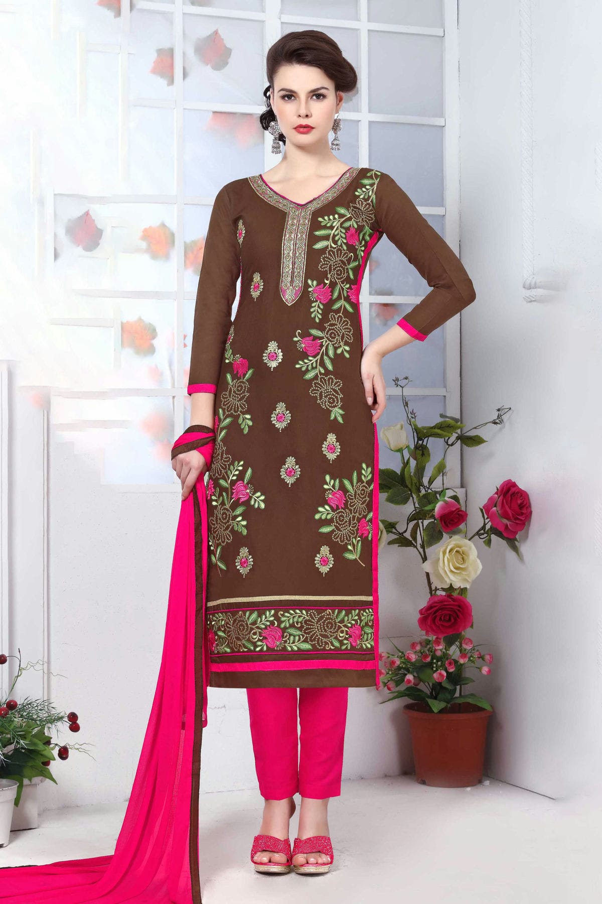 Brown Colour Unstitched Glaze Cotton Straight Suit