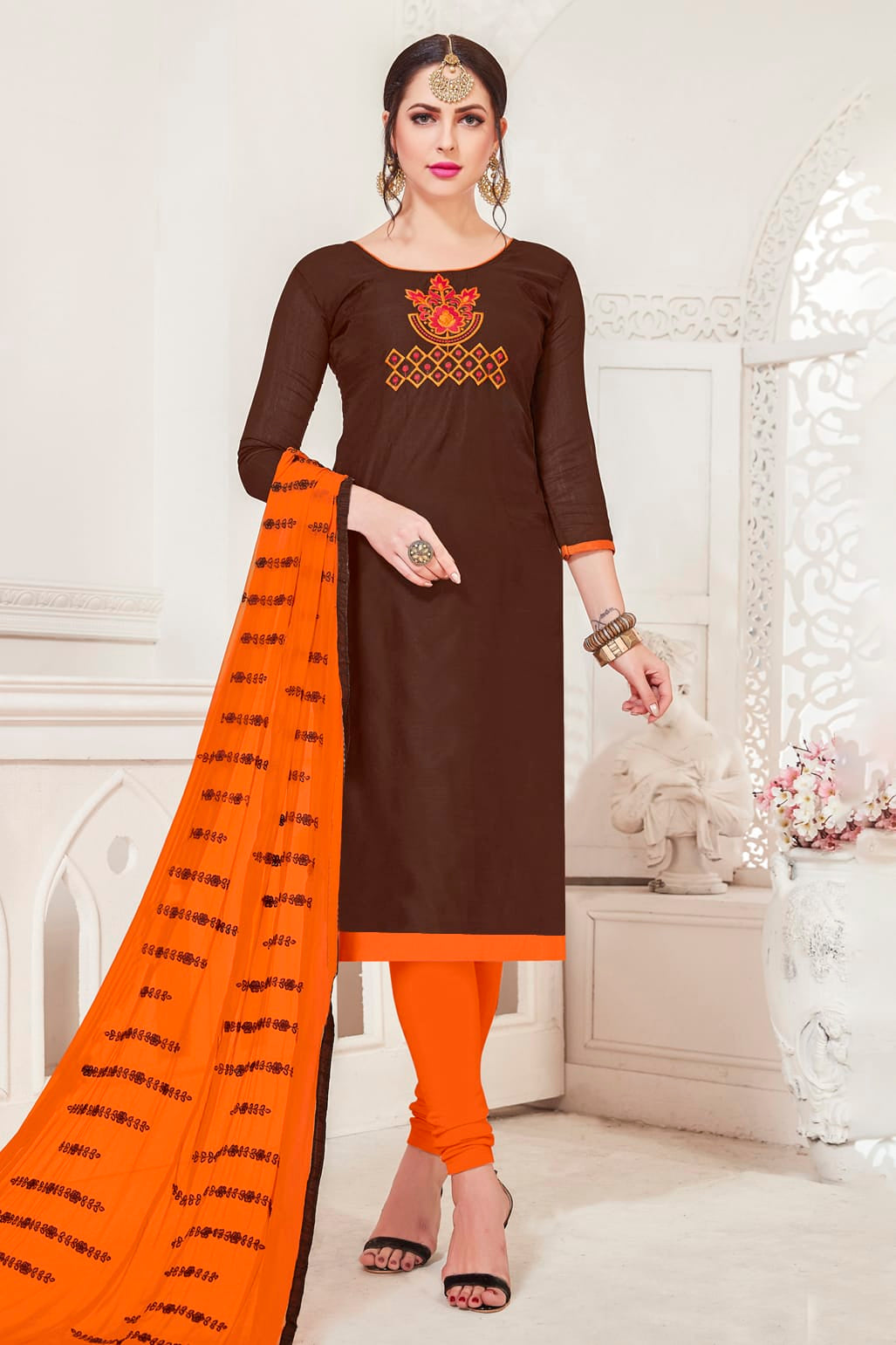 Brown Colour Unstitched Modal Silk Churidar Suit