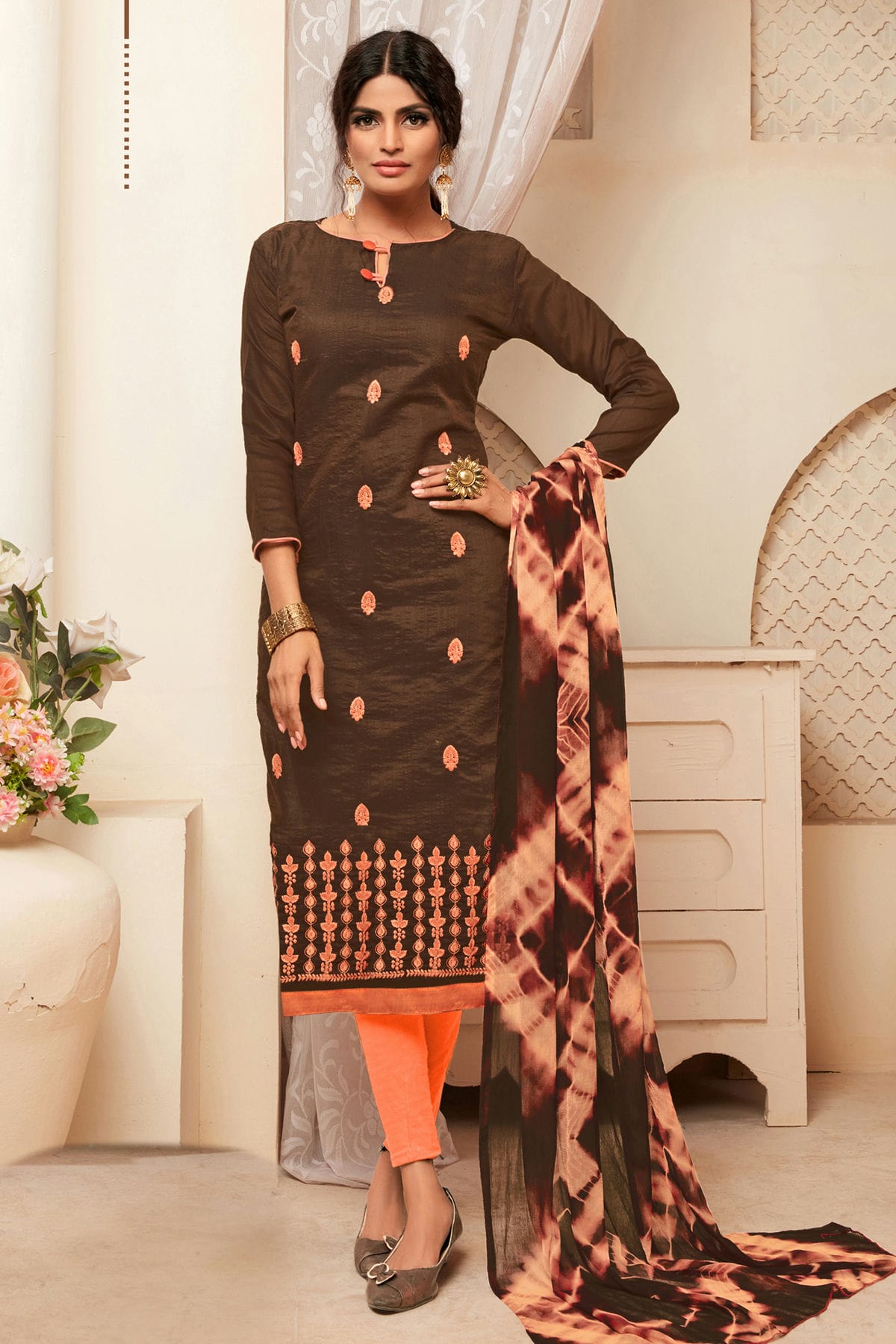 Brown Colour Unstitched Modal Silk Straight Suit