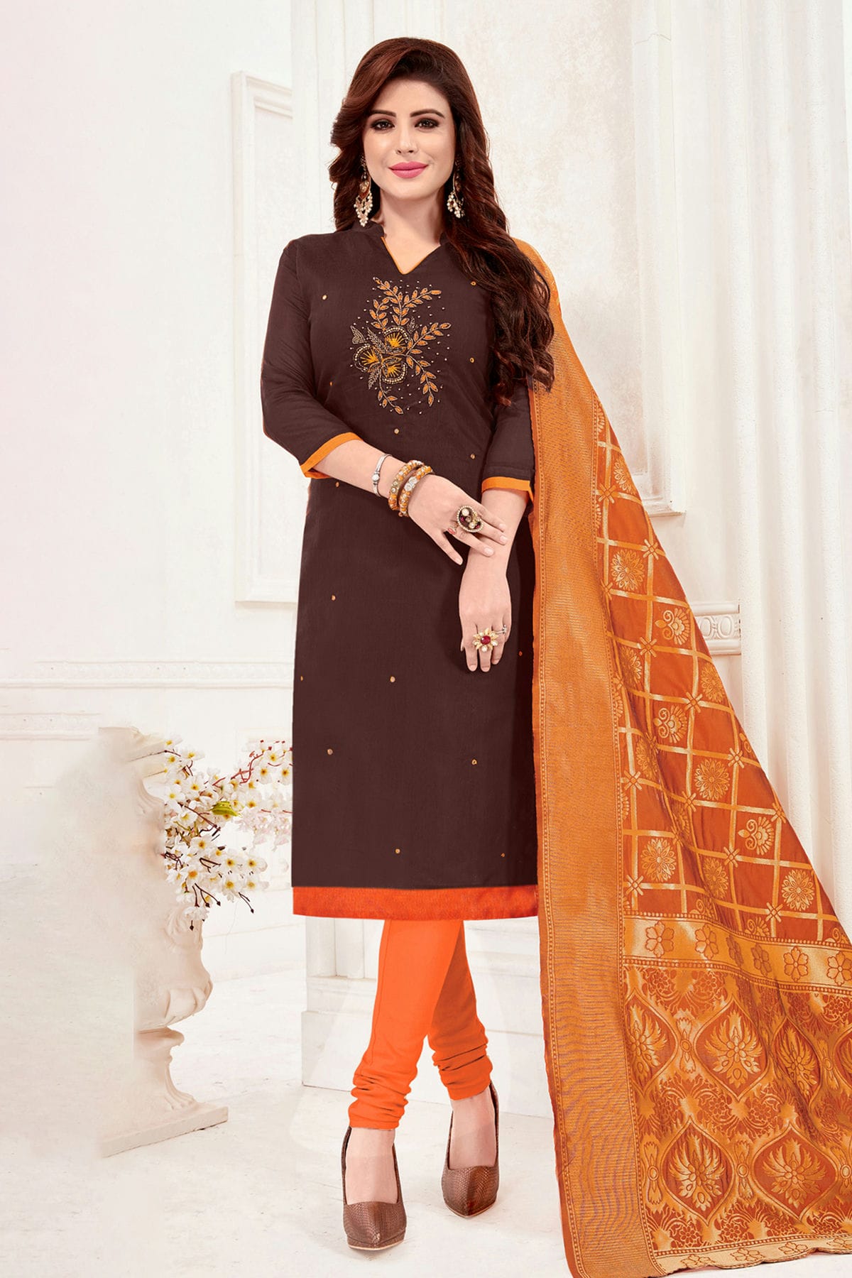 Brown Colour Unstitched Slub Cotton Churidar Suit