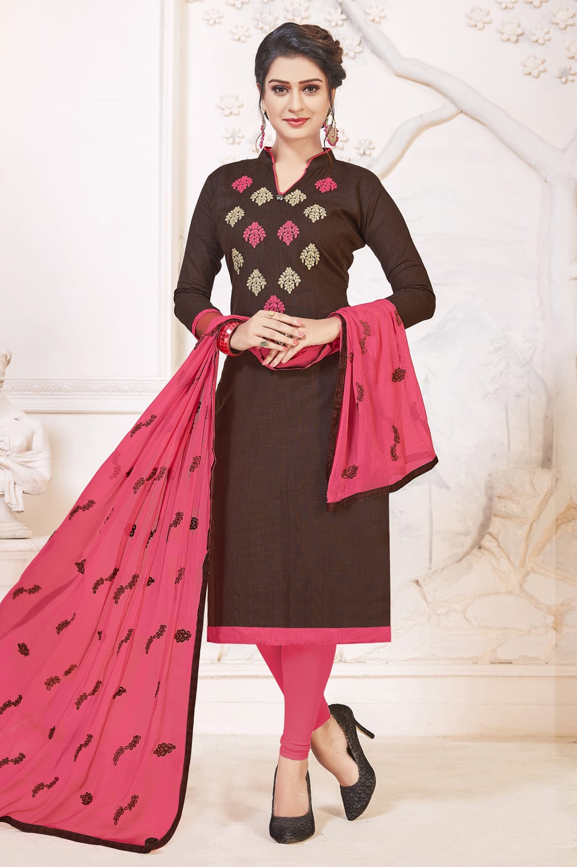 Brown Colour Unstitched South Cotton Slub Churidar Suit