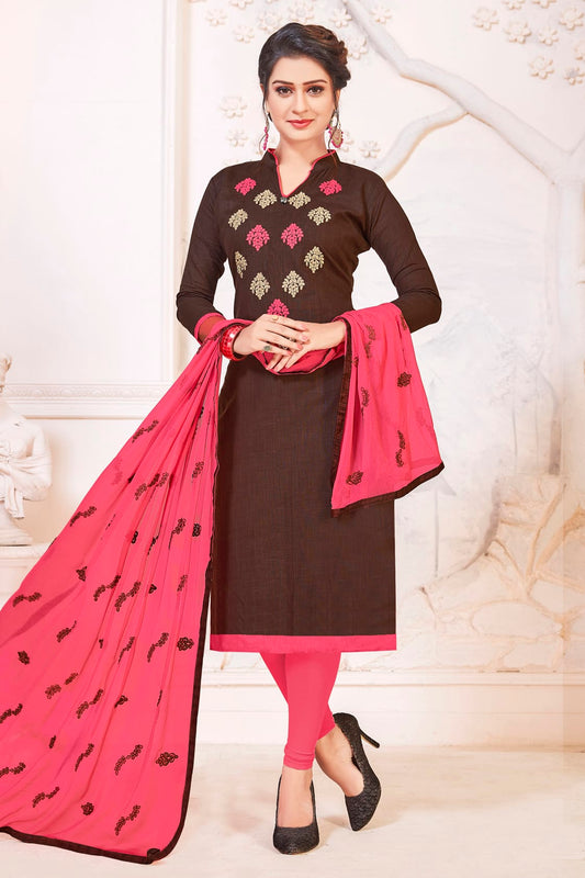 Brown Colour Unstitched South Cotton Slub Churidar Suit