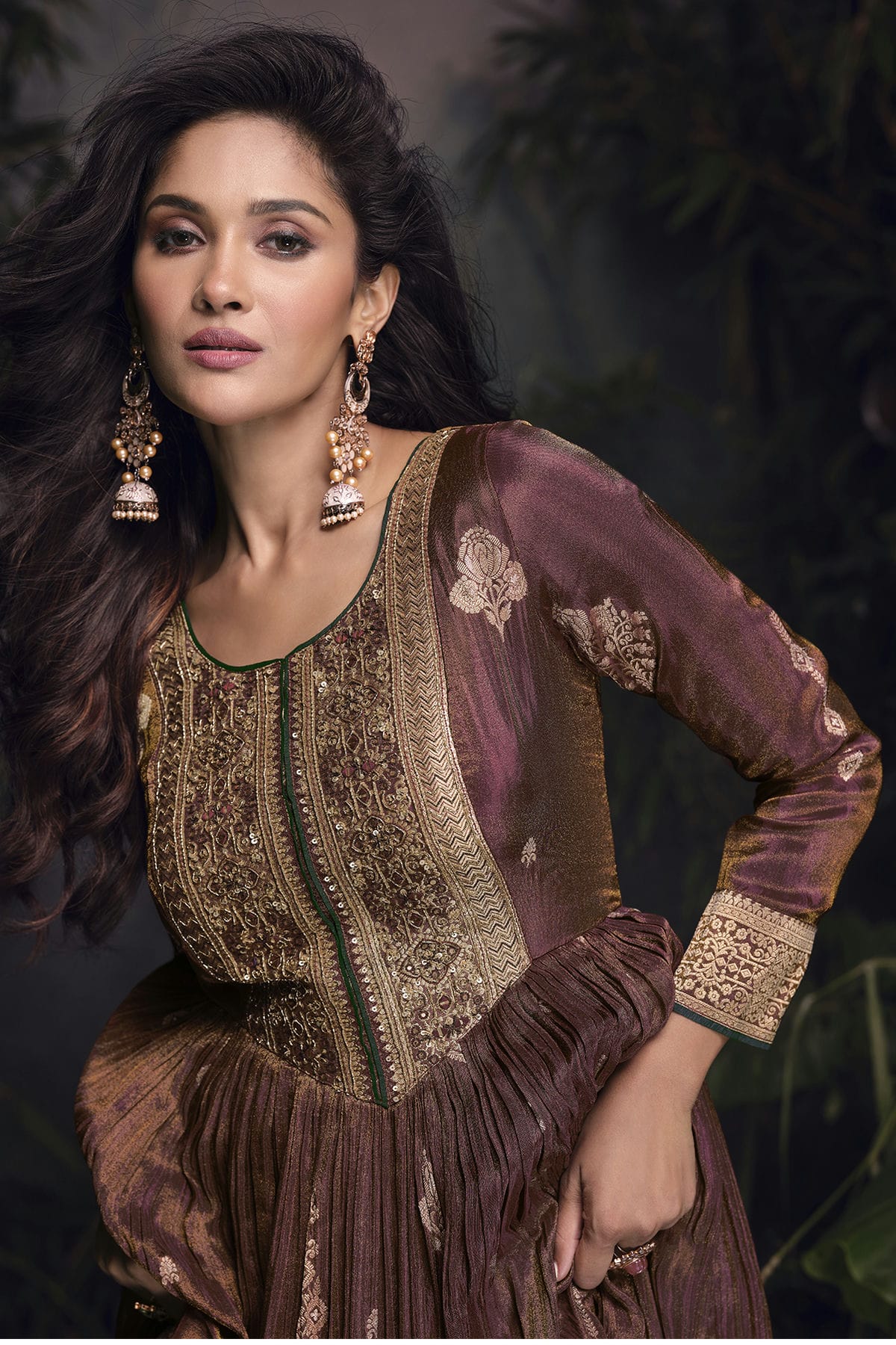 Brown Colour Viscose Jacquard Silk Gown VSSM1140578