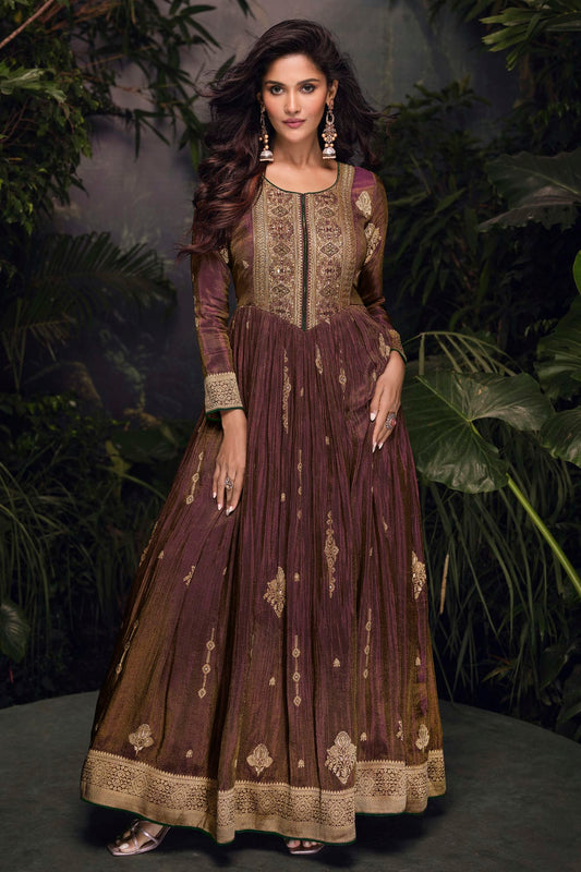 Brown Colour Viscose Jacquard Silk Gown