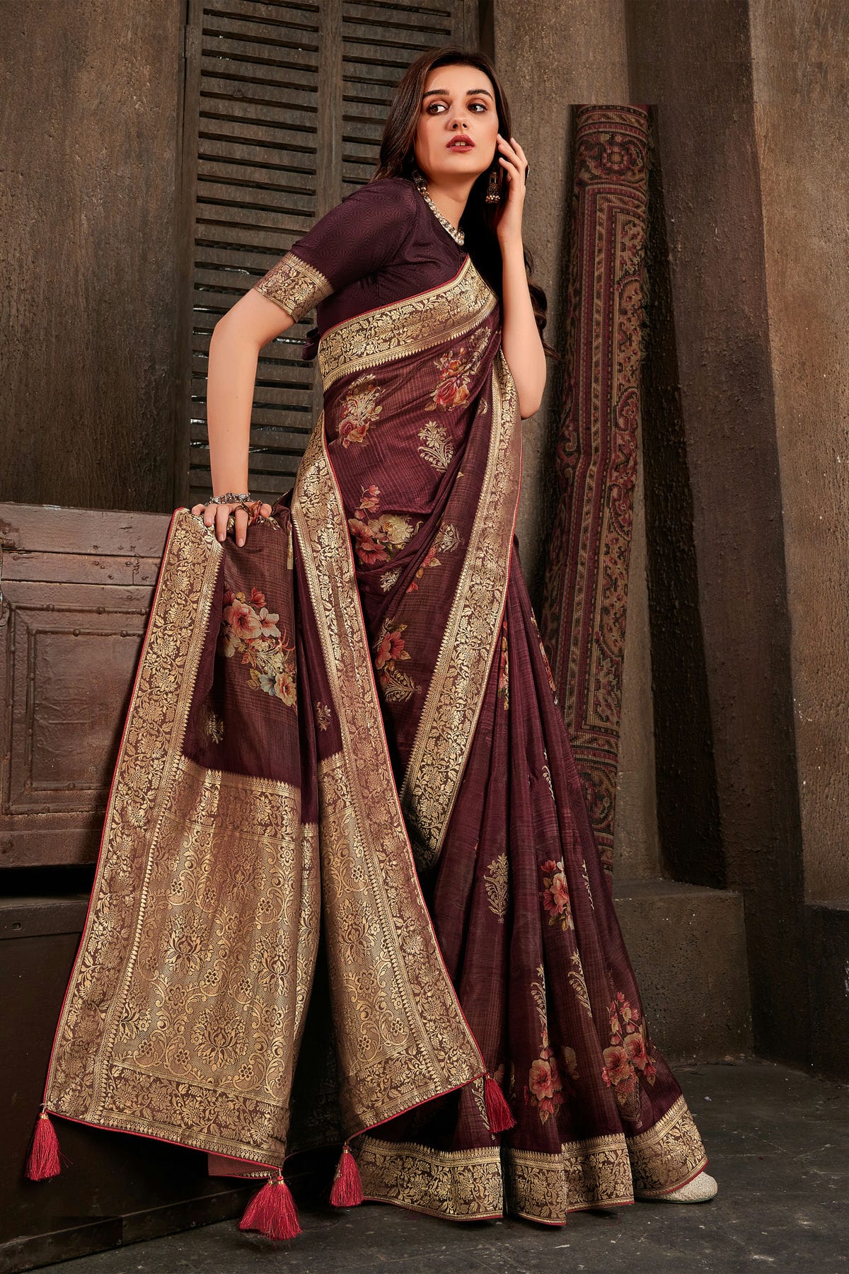 Brown Colour Viscose Silk Printed Saree