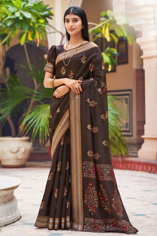 Brown Colour Woven Work Chanderi Saree