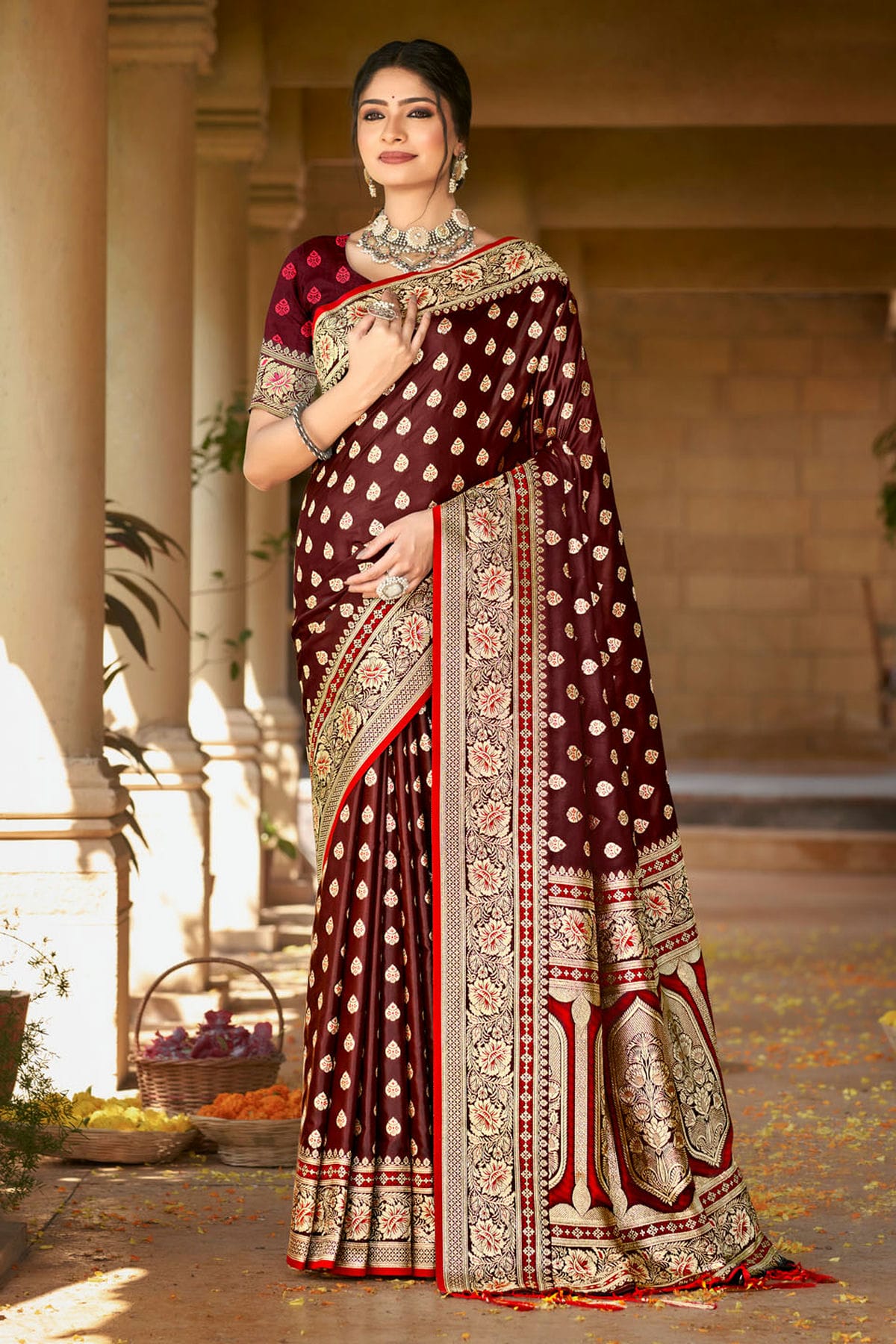 Brown Colour Woven Work Satin Silk Saree