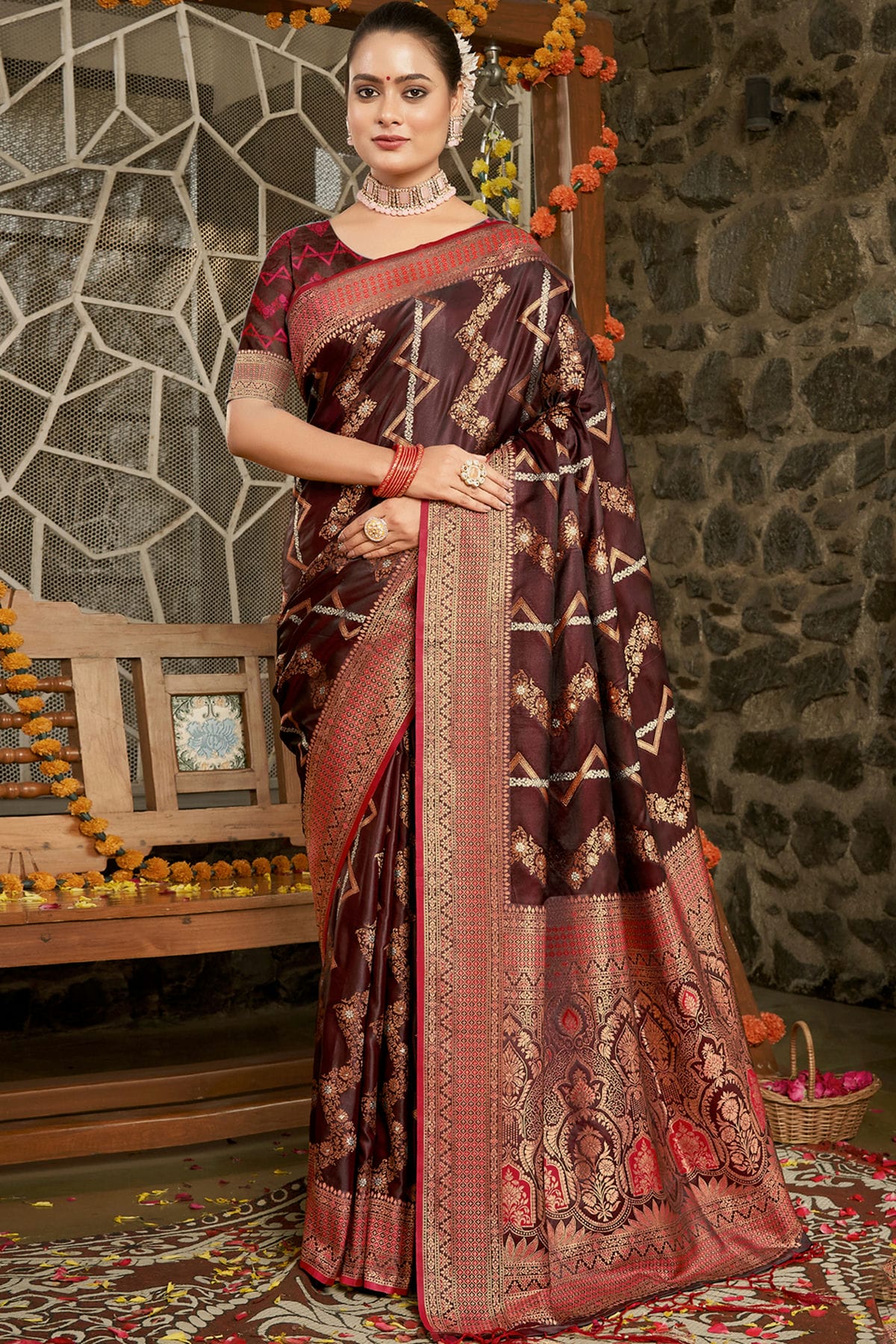 Brown Colour Woven Work Silk Saree