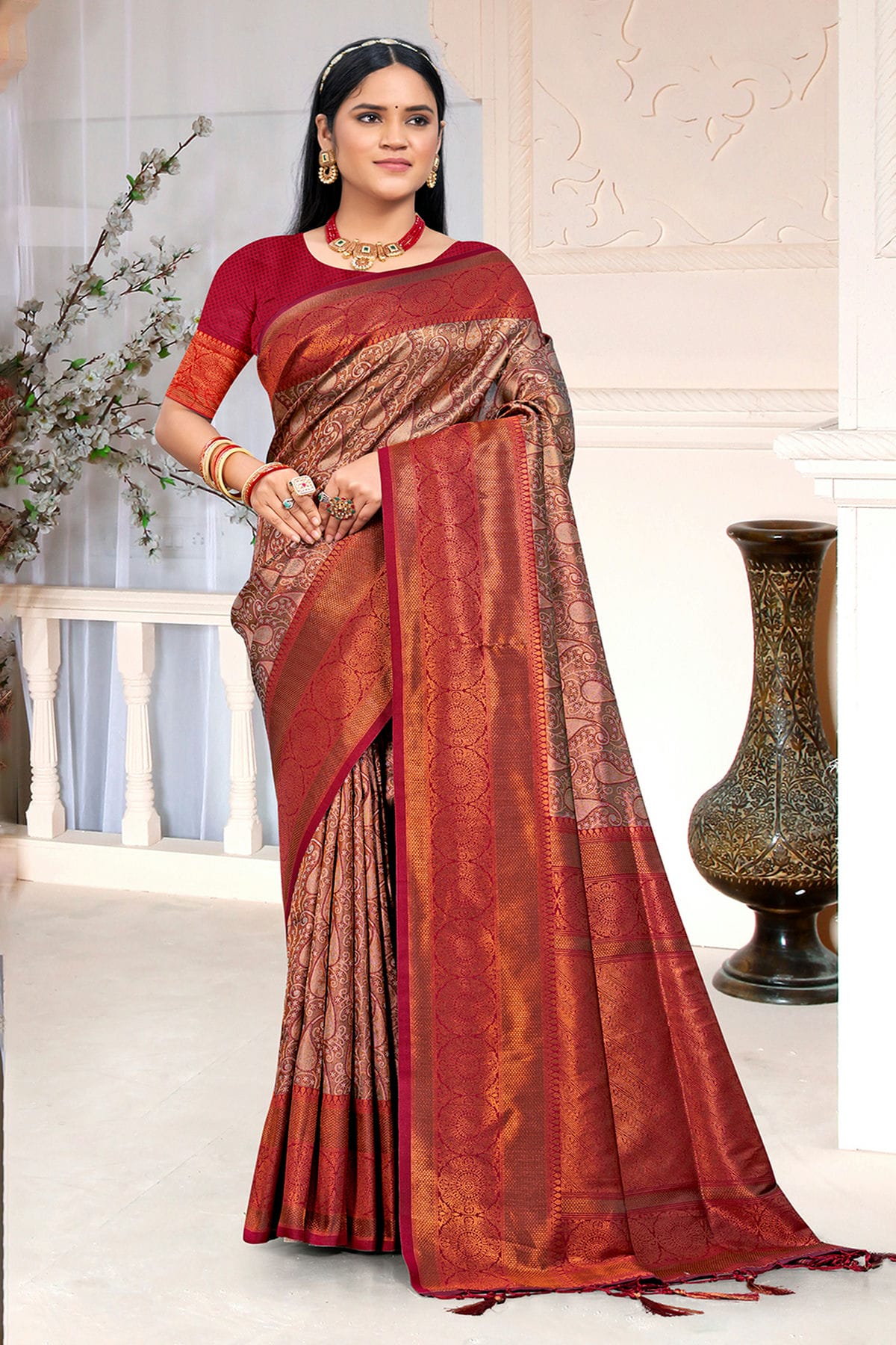 Brown Colour Woven Work Silk Saree