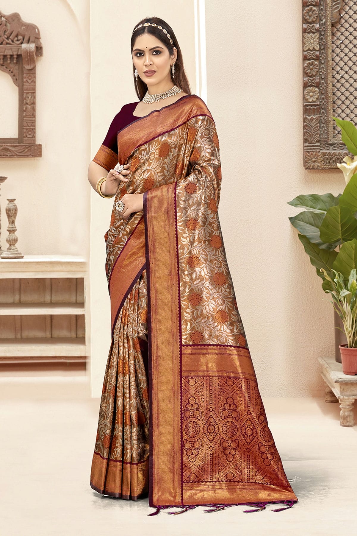 Brown Colour Woven Work Silk Saree