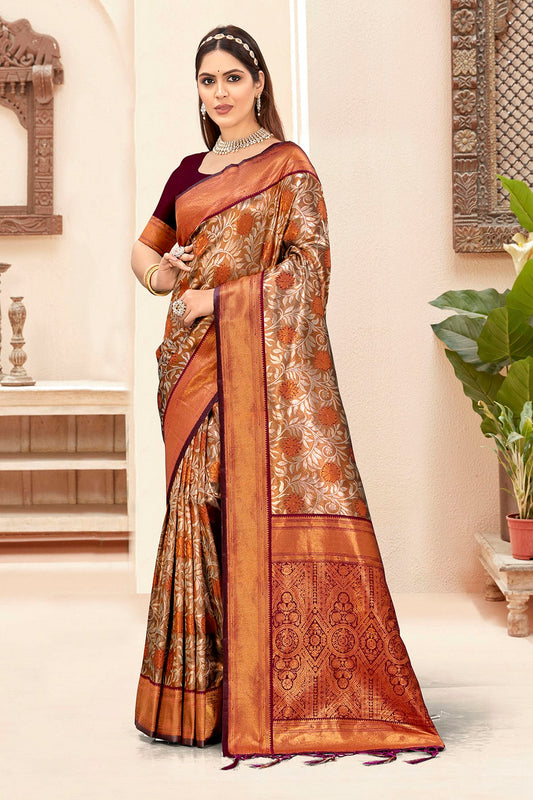 Brown Colour Woven Work Silk Saree