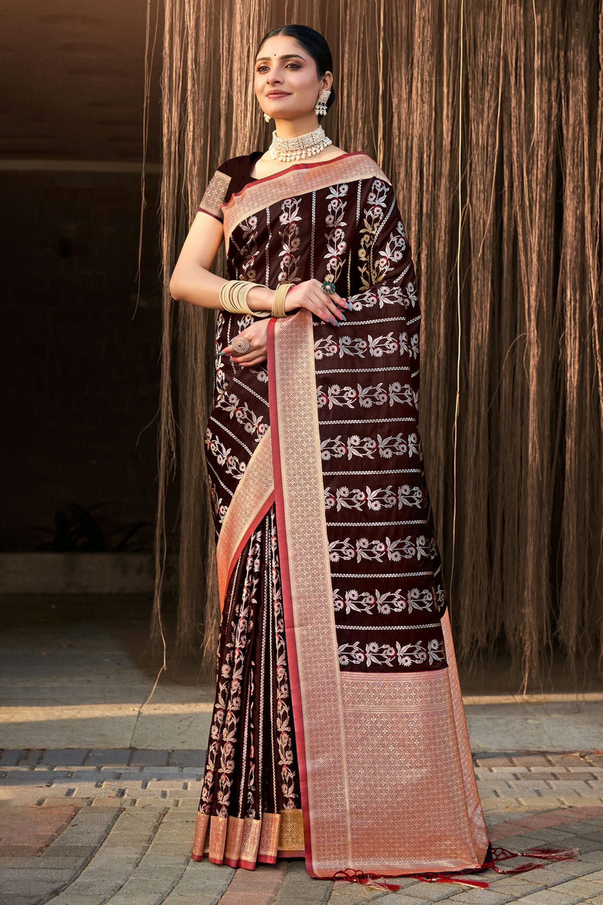 Brown Colour Woven Work Stain Silk Saree