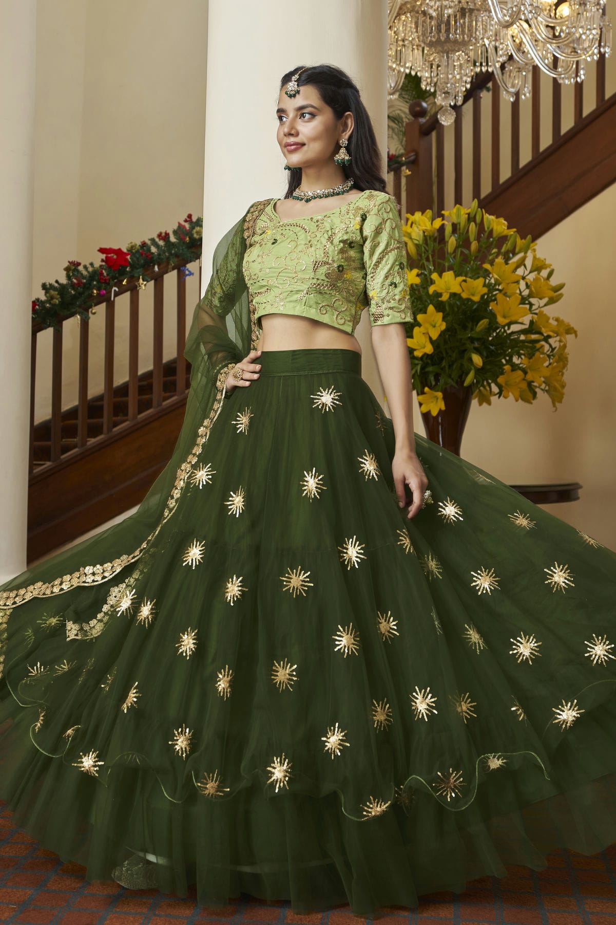 Butterfly Net Designer Lehenga Choli In Green Colour