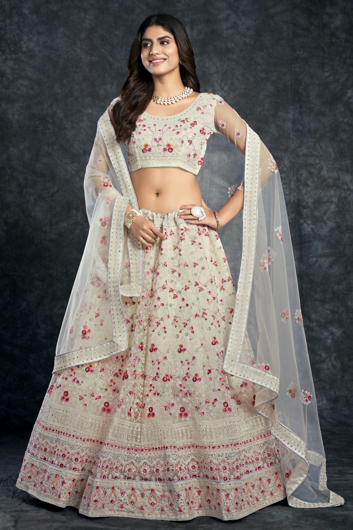 Butterfly Net Designer Lehenga Choli In Off White Colour