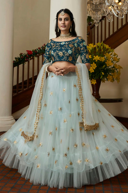 Butterfly Net Designer Lehenga Choli In Sky Blue Colour