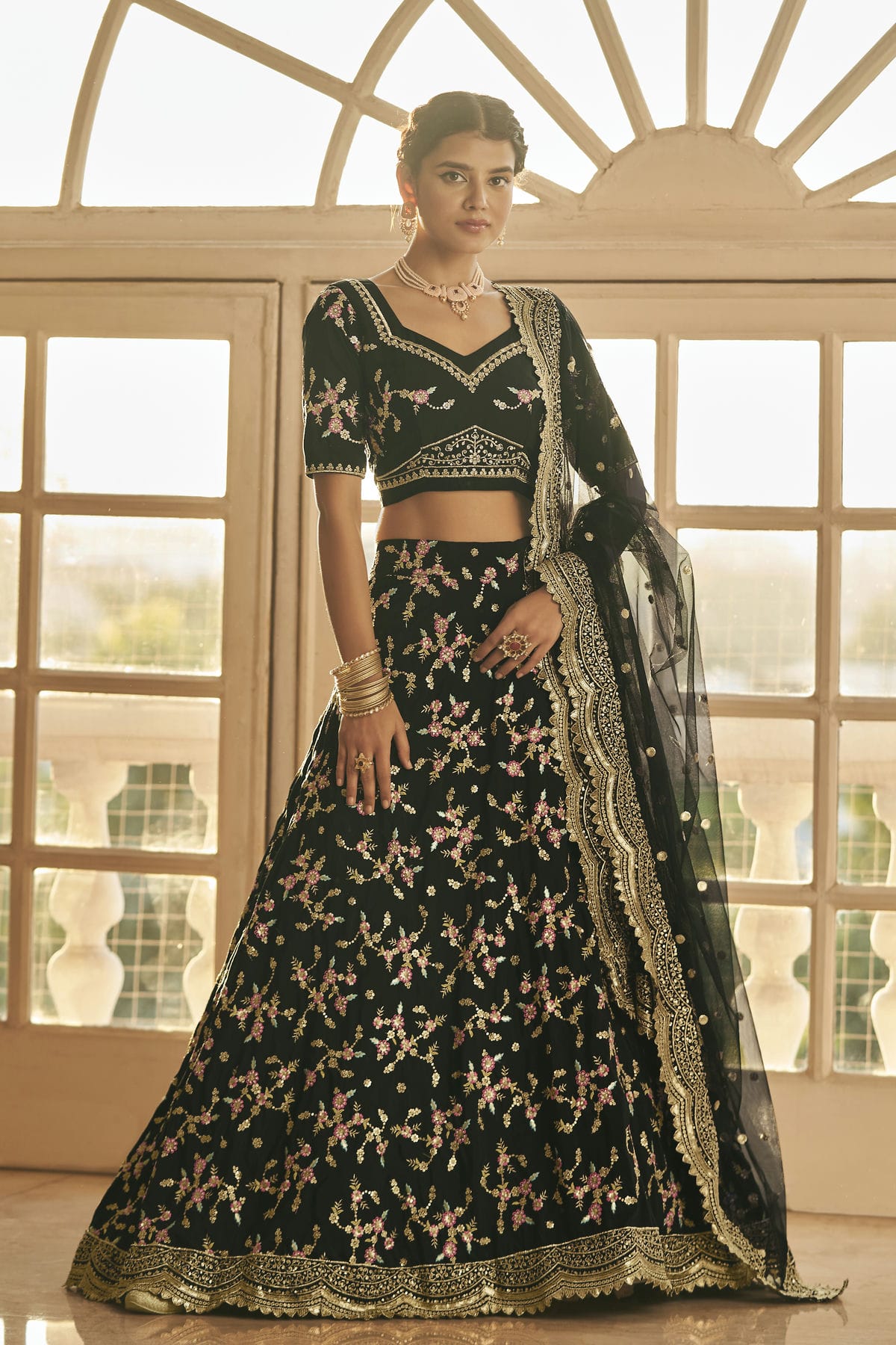 Chinnon Silk Designer Lehenga Choli In Black Colour