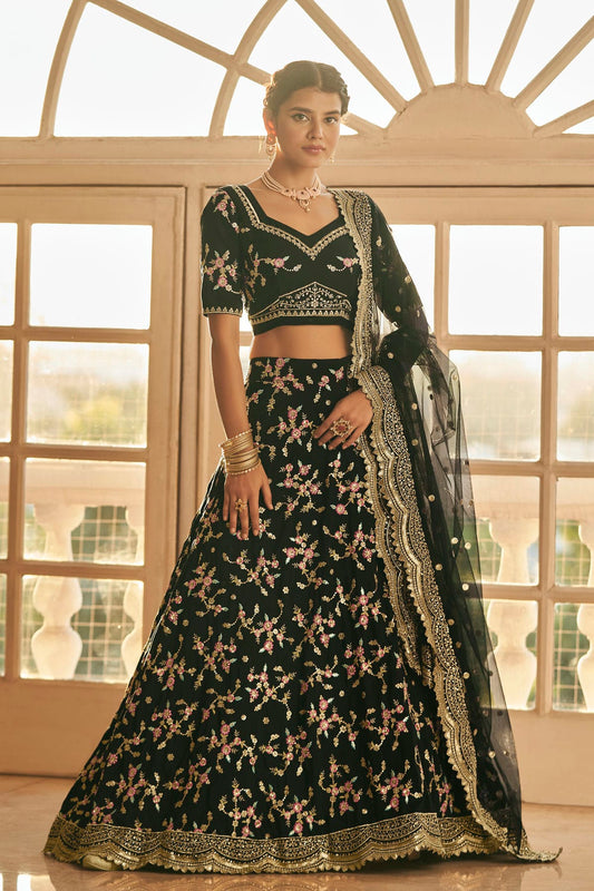 Chinnon Silk Designer Lehenga Choli In Black Colour