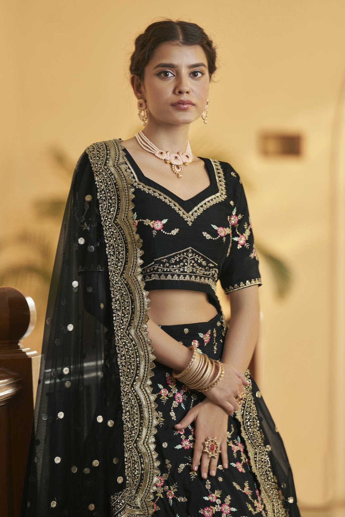 Chinnon Silk Designer Lehenga Choli In Black Colour