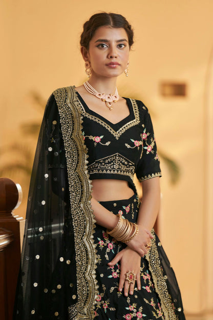 Chinnon Silk Designer Lehenga Choli In Black Colour