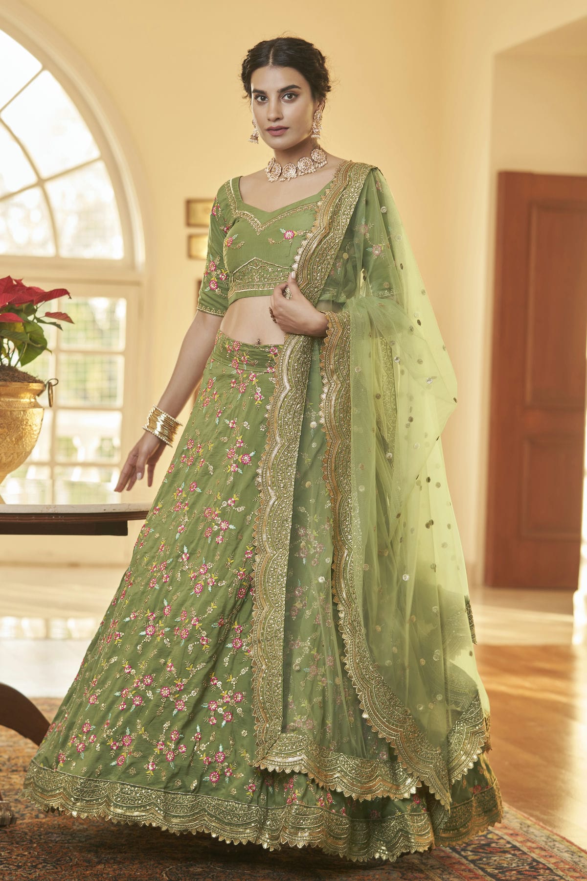 Chinnon Silk Designer Lehenga Choli In Light Green Colour