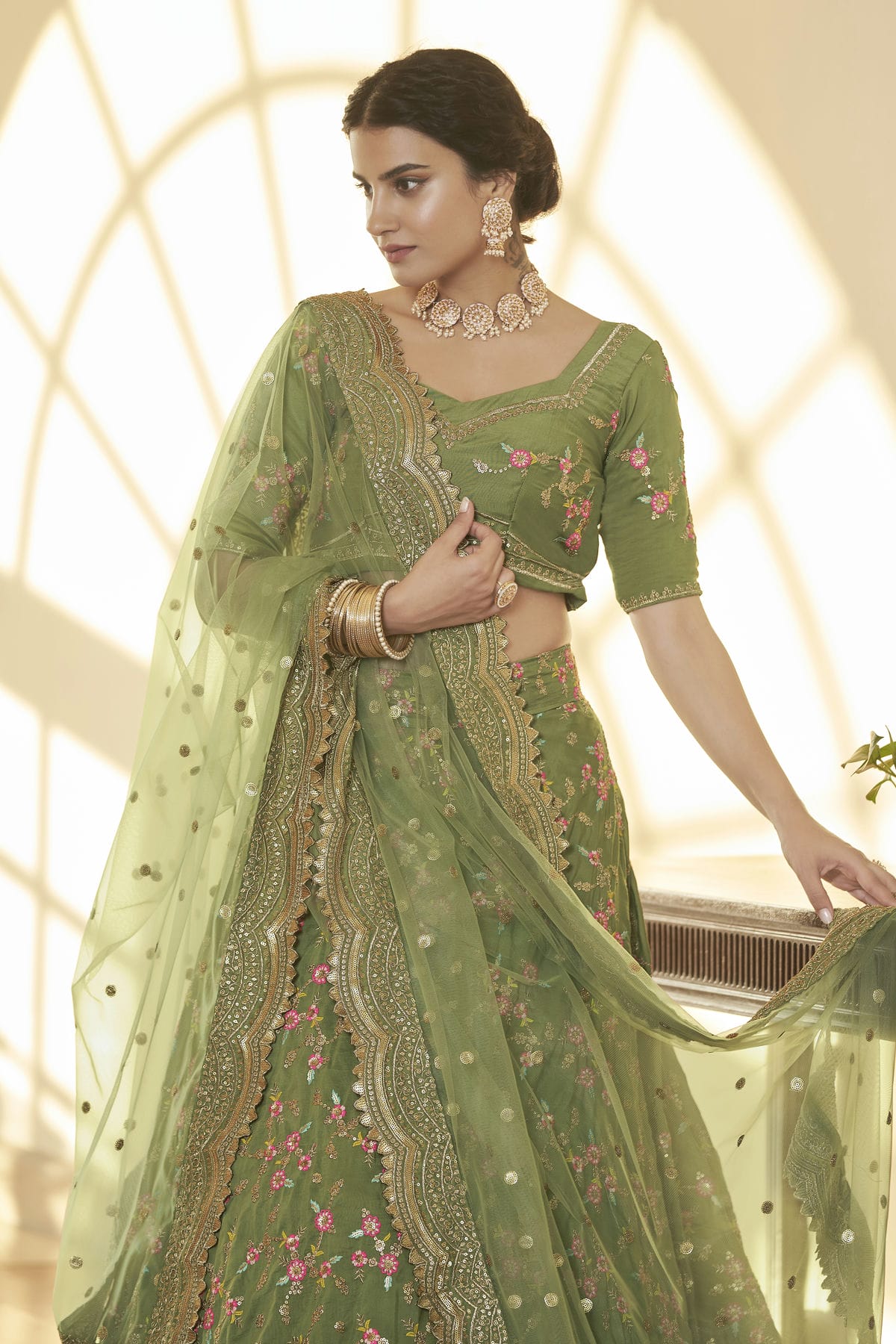 Chinnon Silk Designer Lehenga Choli In Light Green Colour