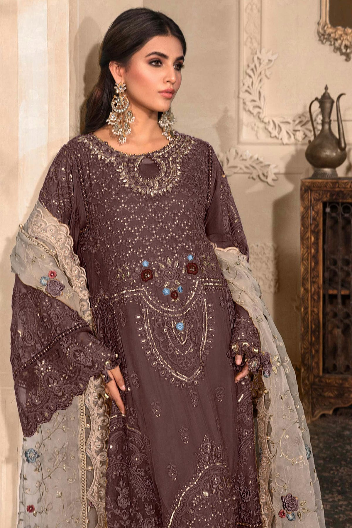 Coffee Colour Organza Semi Stitched Pakistani Suit