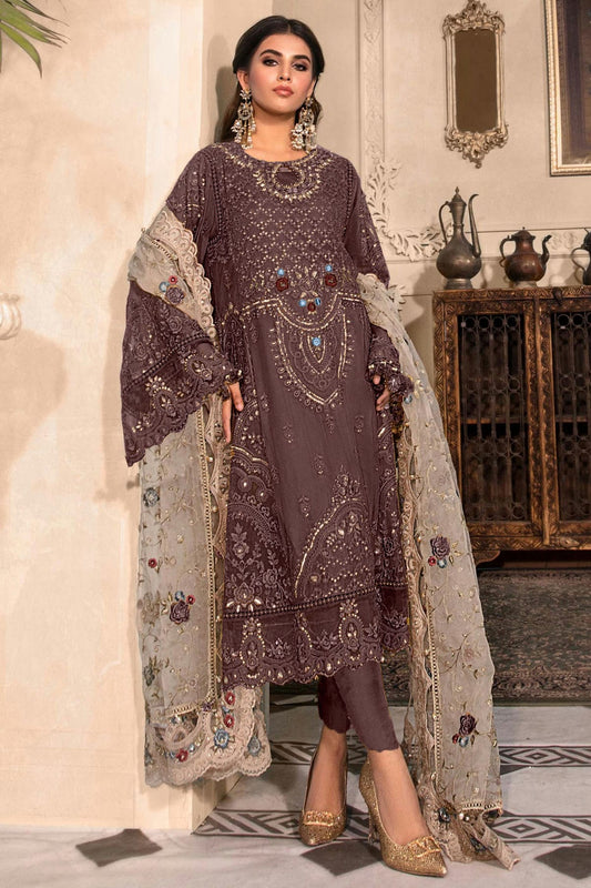 Coffee Colour Organza Semi Stitched Pakistani Suit