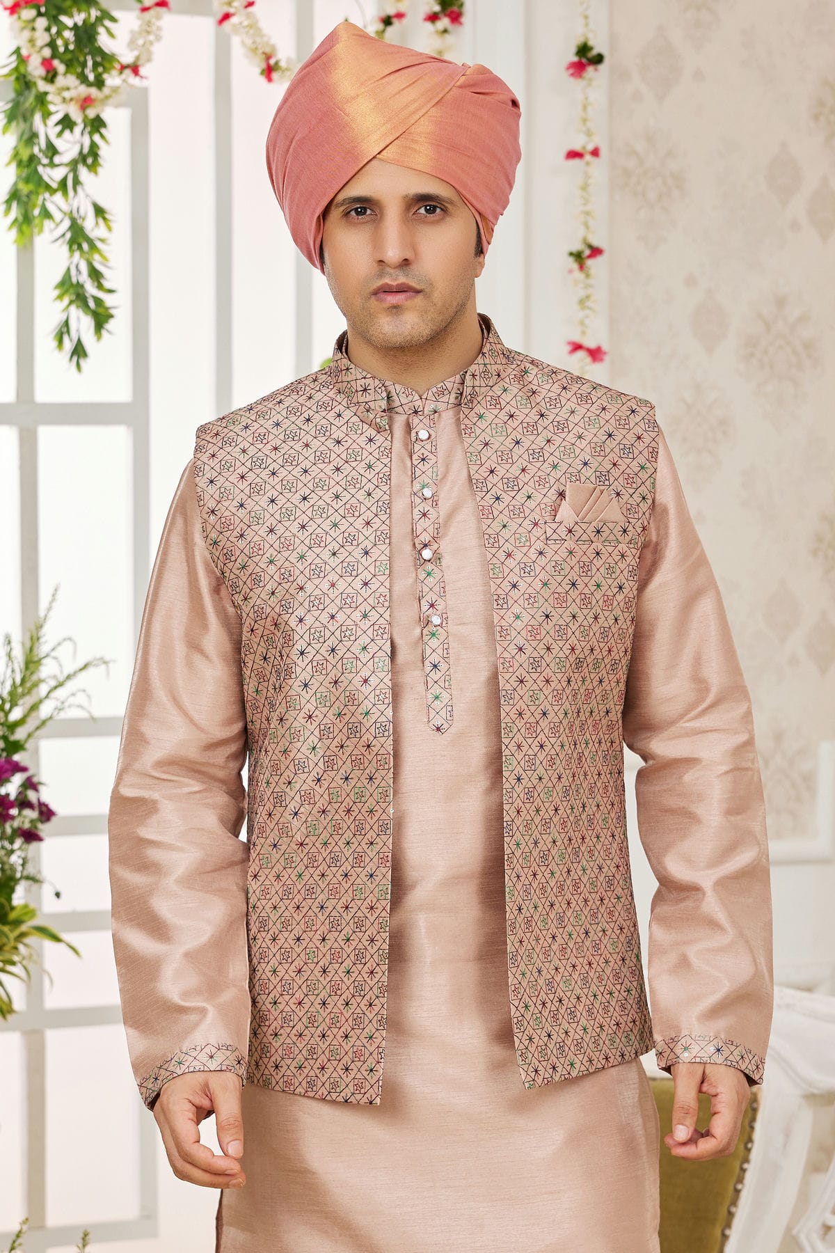 Cream Colour Art Silk Kurta Pajama With Jacket VSKP1230271