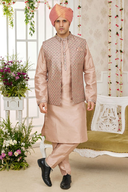 Cream Colour Art Silk Kurta Pajama With Jacket