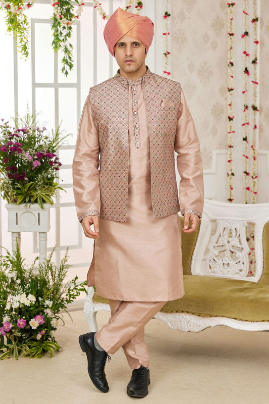 Cream Colour Art Silk Kurta Pajama With Jacket