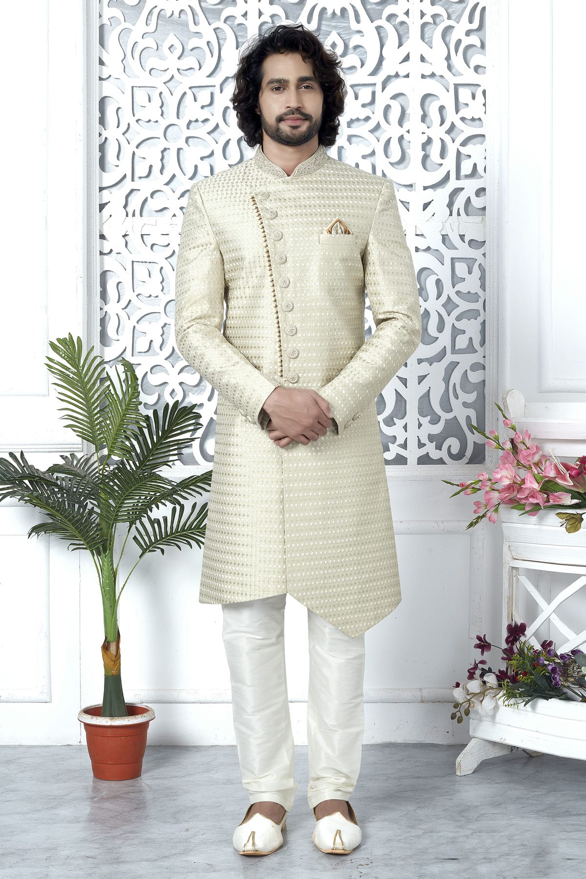 Cream Colour Art Silk Sherwani With Churidar Pant