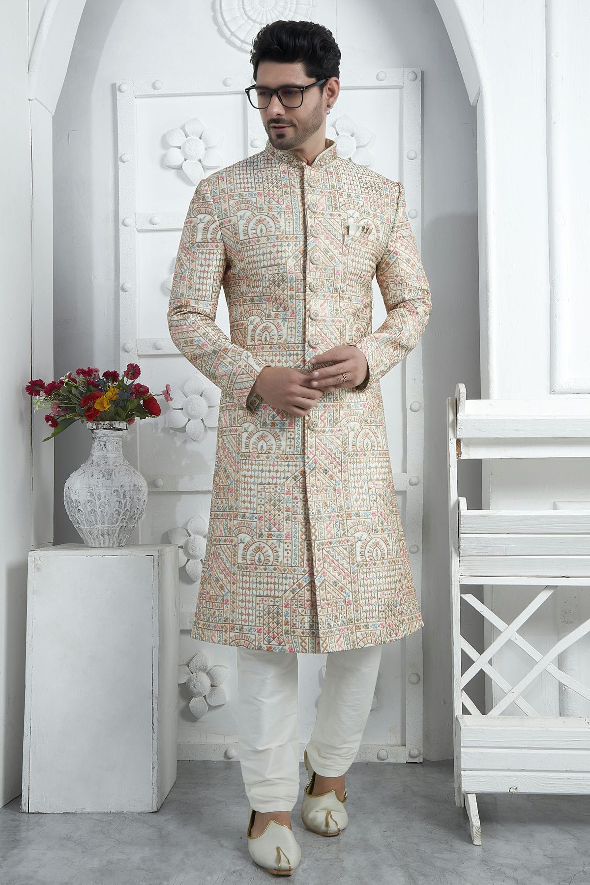 Cream Colour Art Silk Sherwani With Churidar Pant VSSH1230078