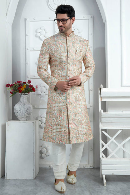 Cream Colour Art Silk Sherwani With Churidar Pant VSSH1230078