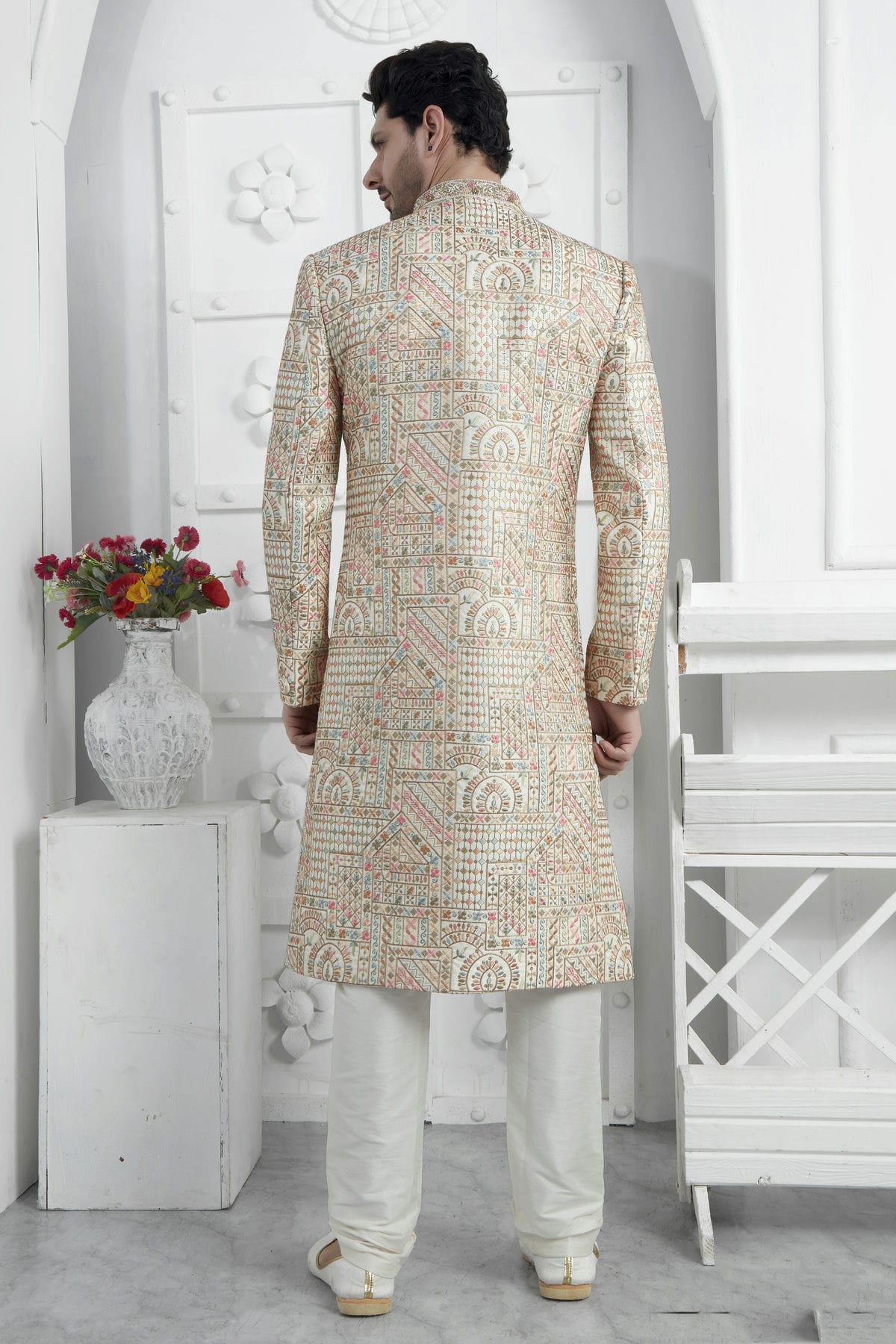 Cream Colour Art Silk Sherwani With Churidar Pant VSSH1230078