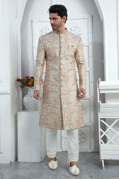 Cream Colour Art Silk Sherwani With Churidar Pant