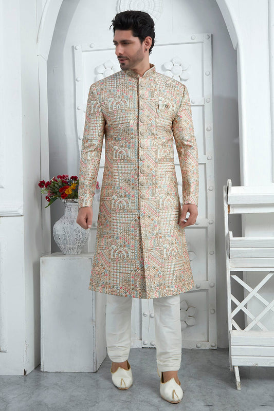 Cream Colour Art Silk Sherwani With Churidar Pant