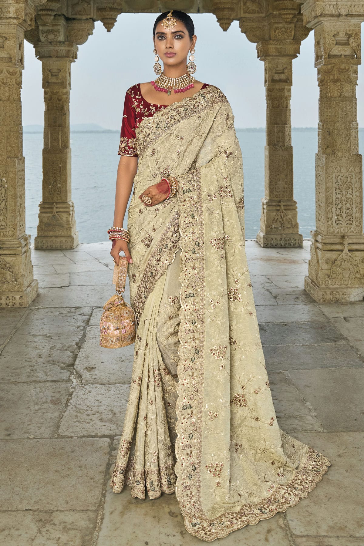 Cream Colour Banarasi Silk Designer Saree