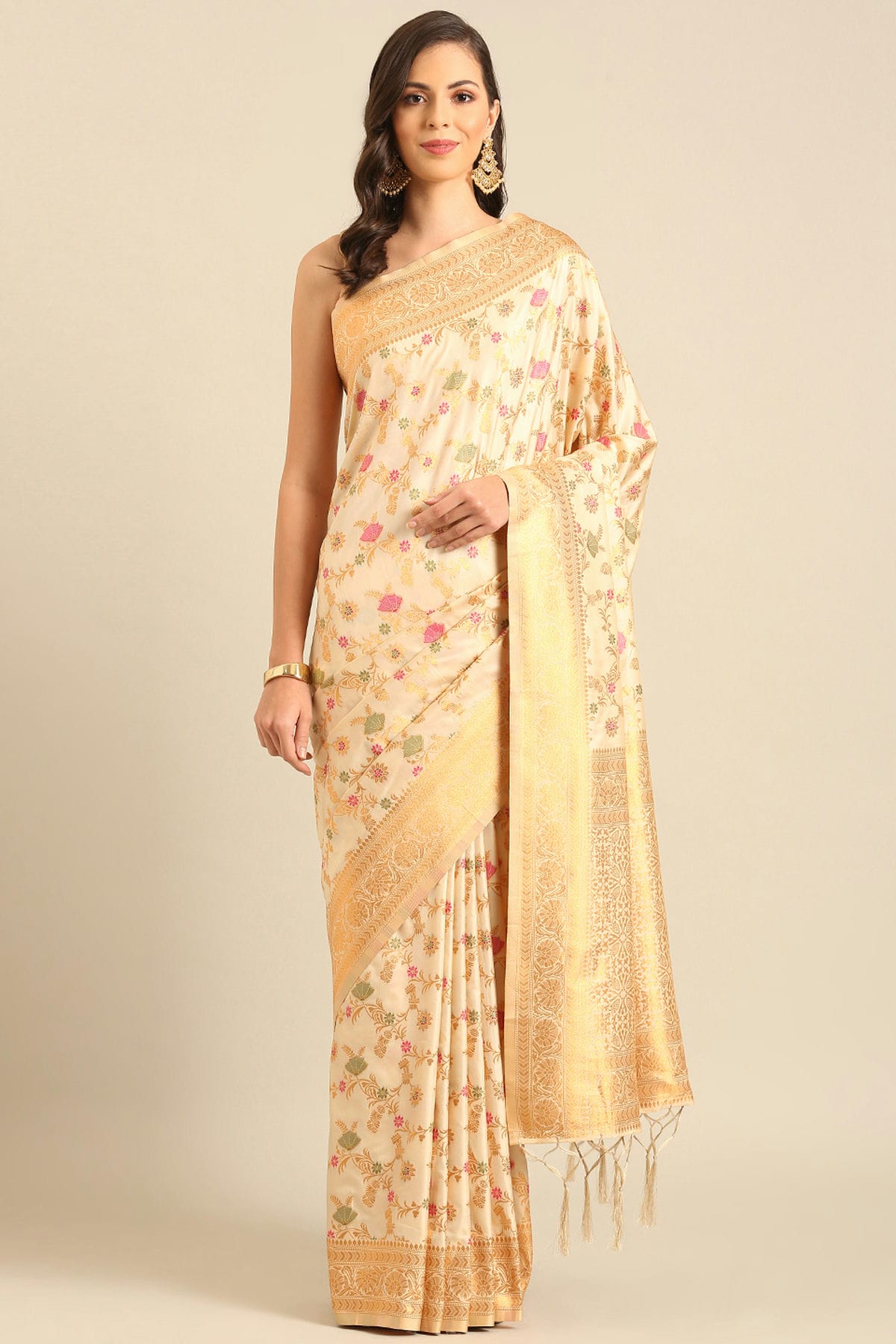 Cream Colour Banarasi Silk Traditional Saree