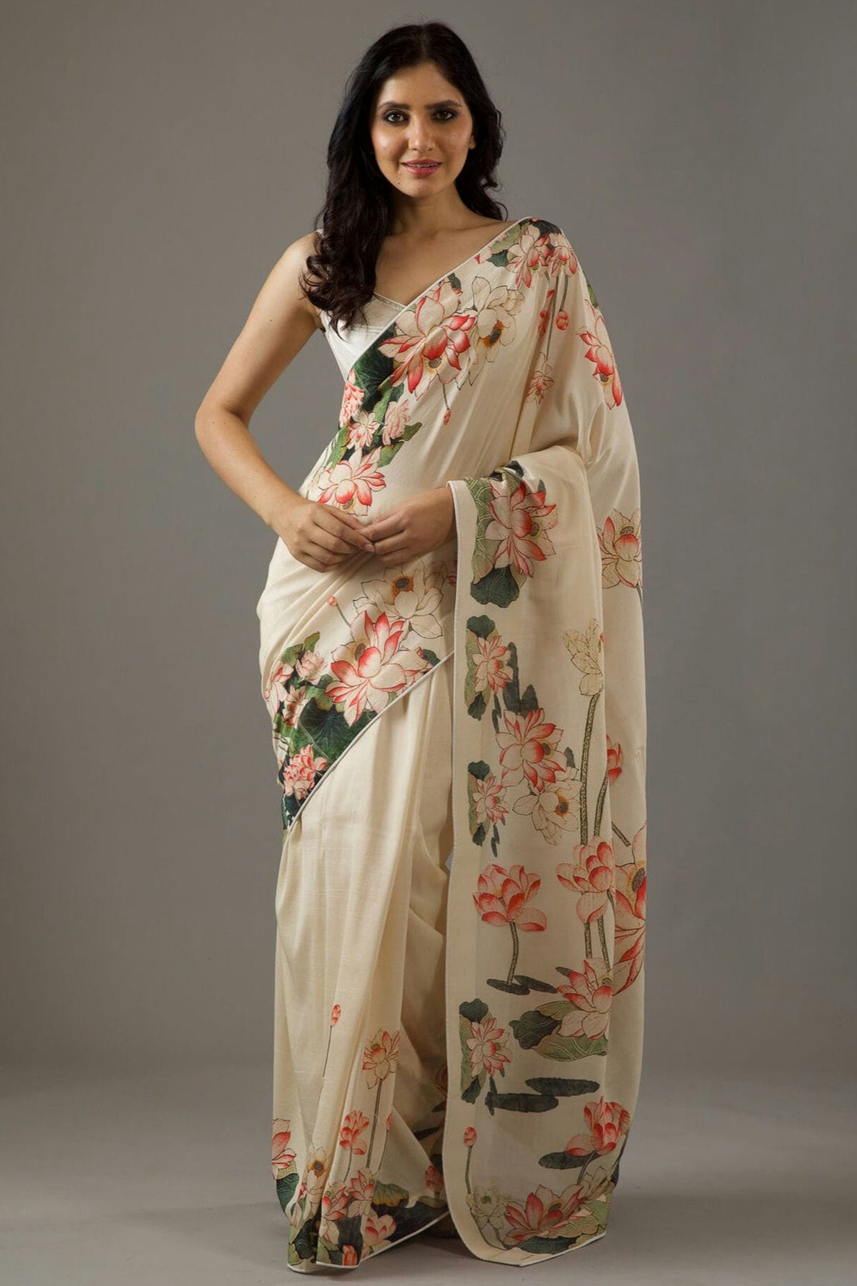 Cream Colour Chiffon Printed Saree