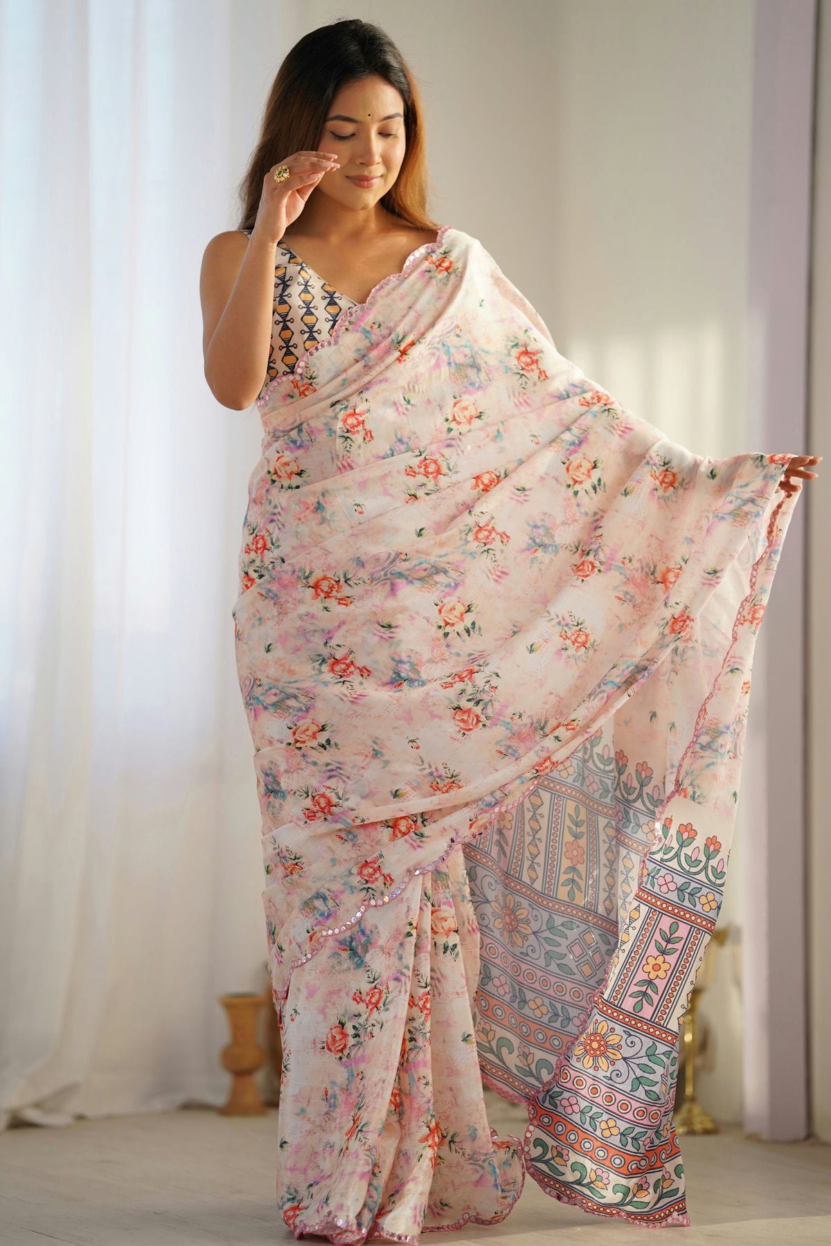 Cream Colour Chinon Printed Saree