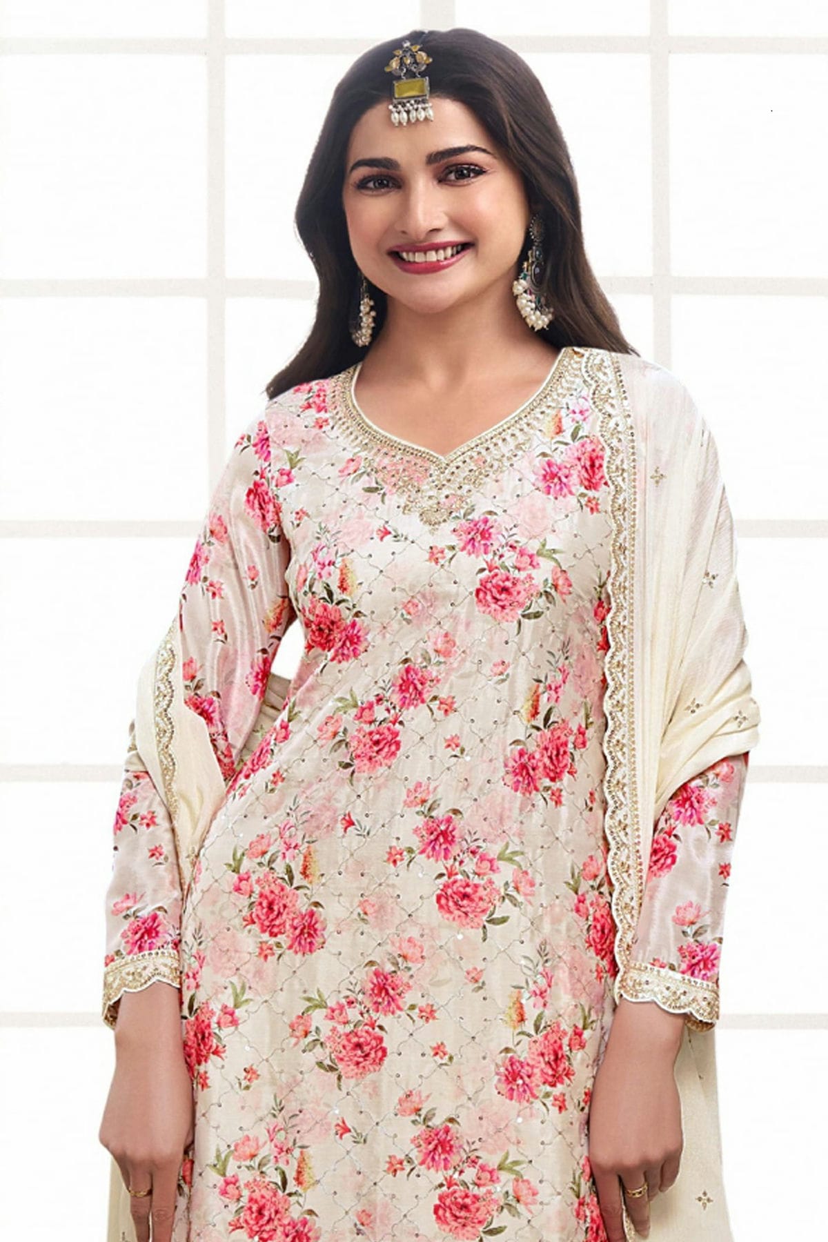 Cream Colour Chinon Sharara Suit