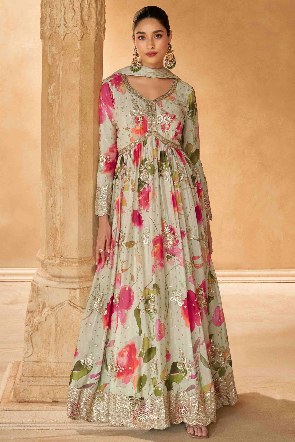 Cream Colour Chinon Silk Gown VSGW1140806