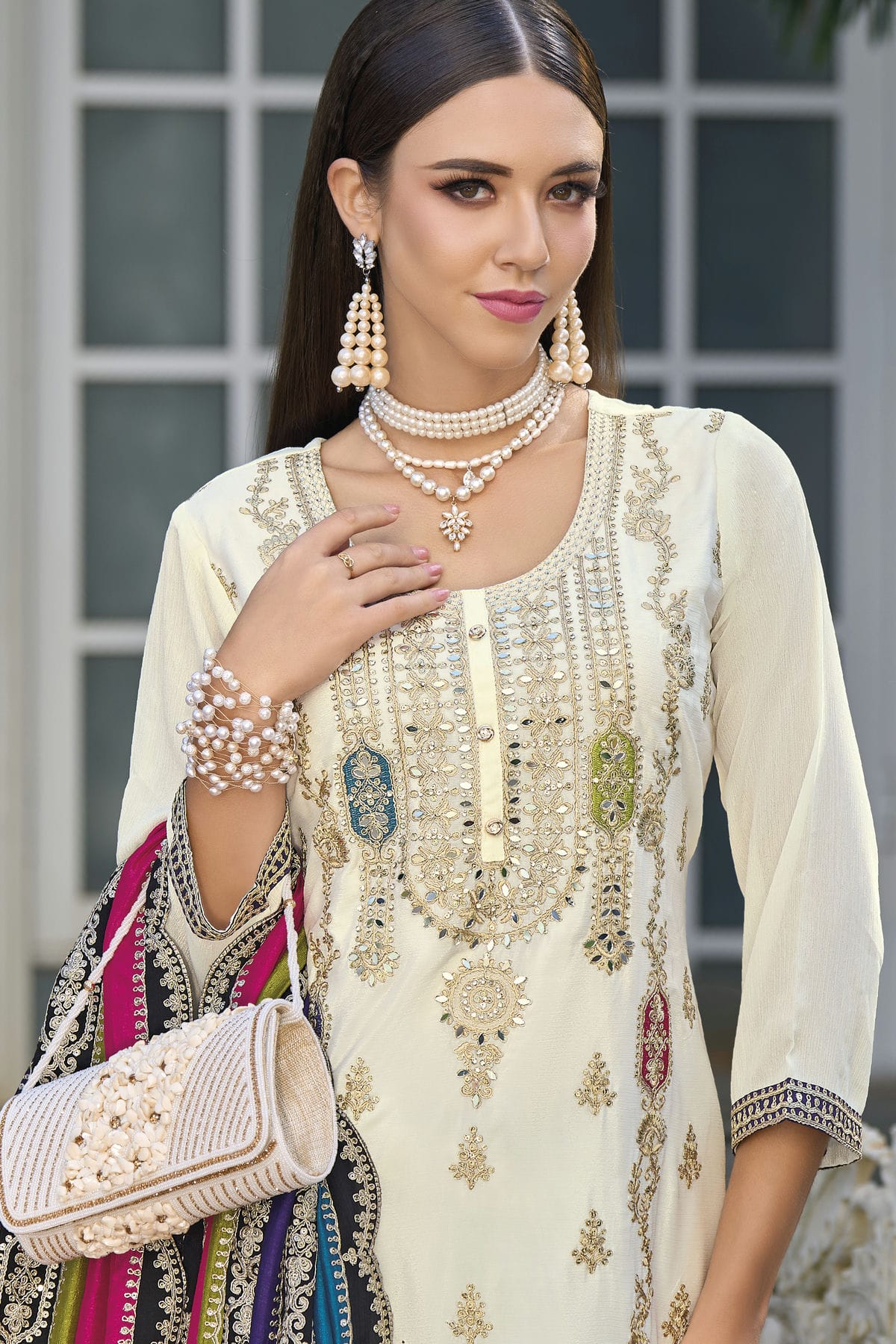 Cream Colour Chinon Silk Pakistani Suit VSSM1140594