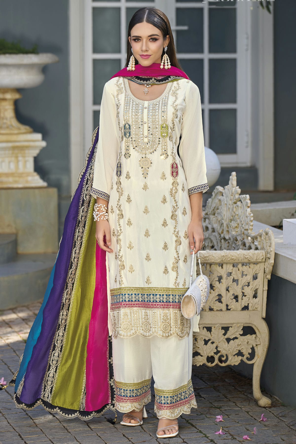 Cream Colour Chinon Silk Pakistani Suit