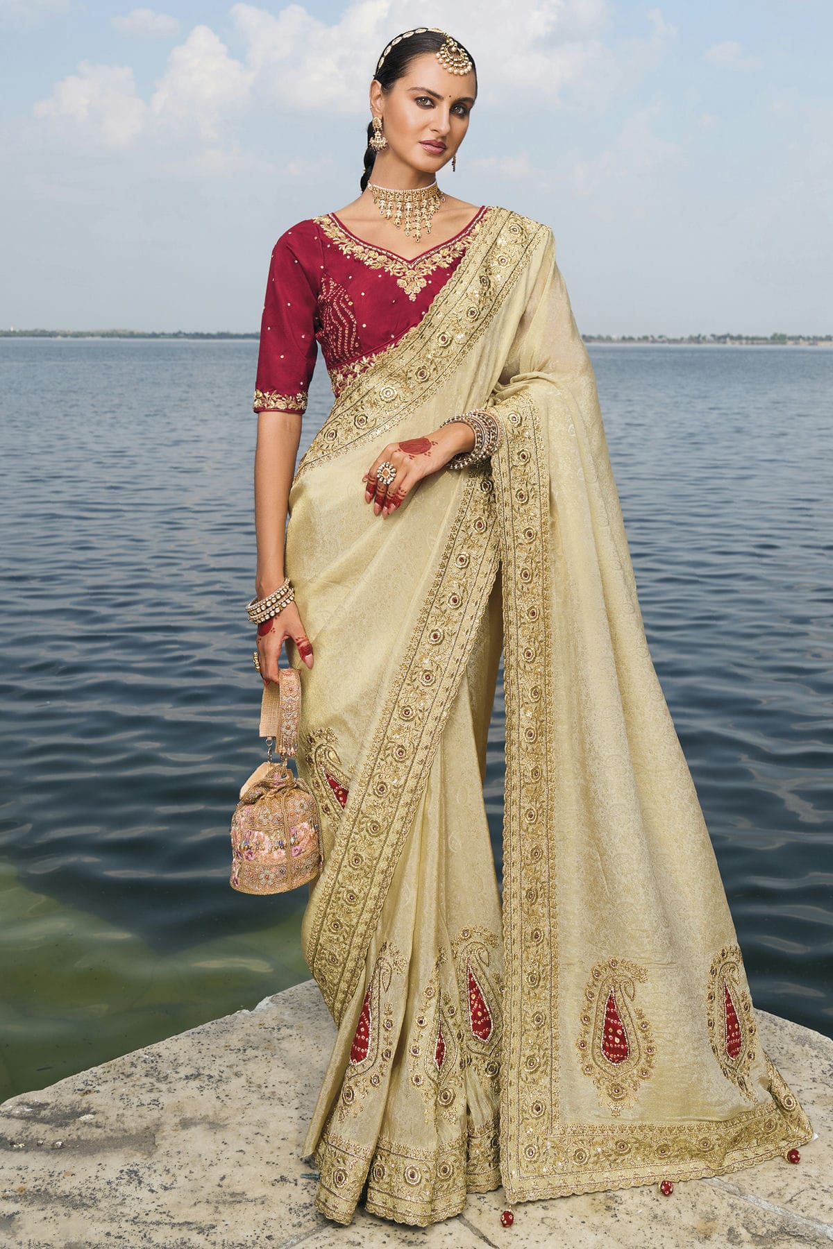 Cream Colour Crepe Designer Saree