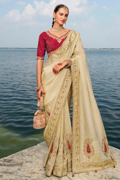 Cream Colour Crepe Designer Saree