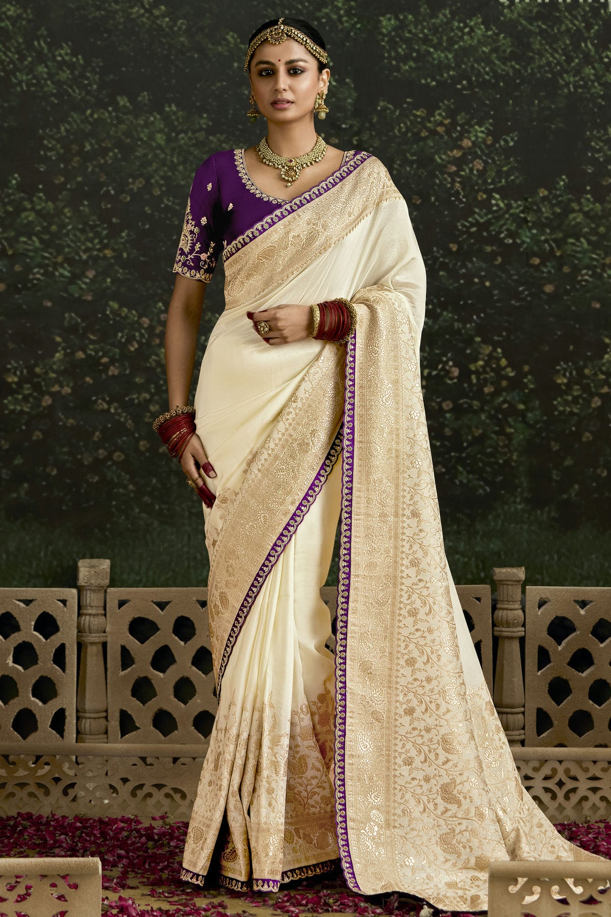 Cream Colour Dola Silk Designer Saree