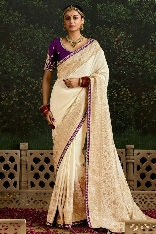 Cream Colour Dola Silk Designer Saree