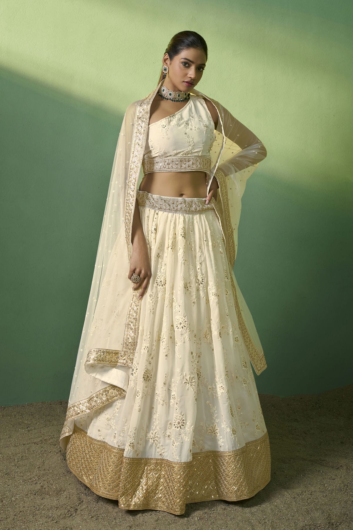 Cream Colour Embroidery Georgette Lehenga Choli