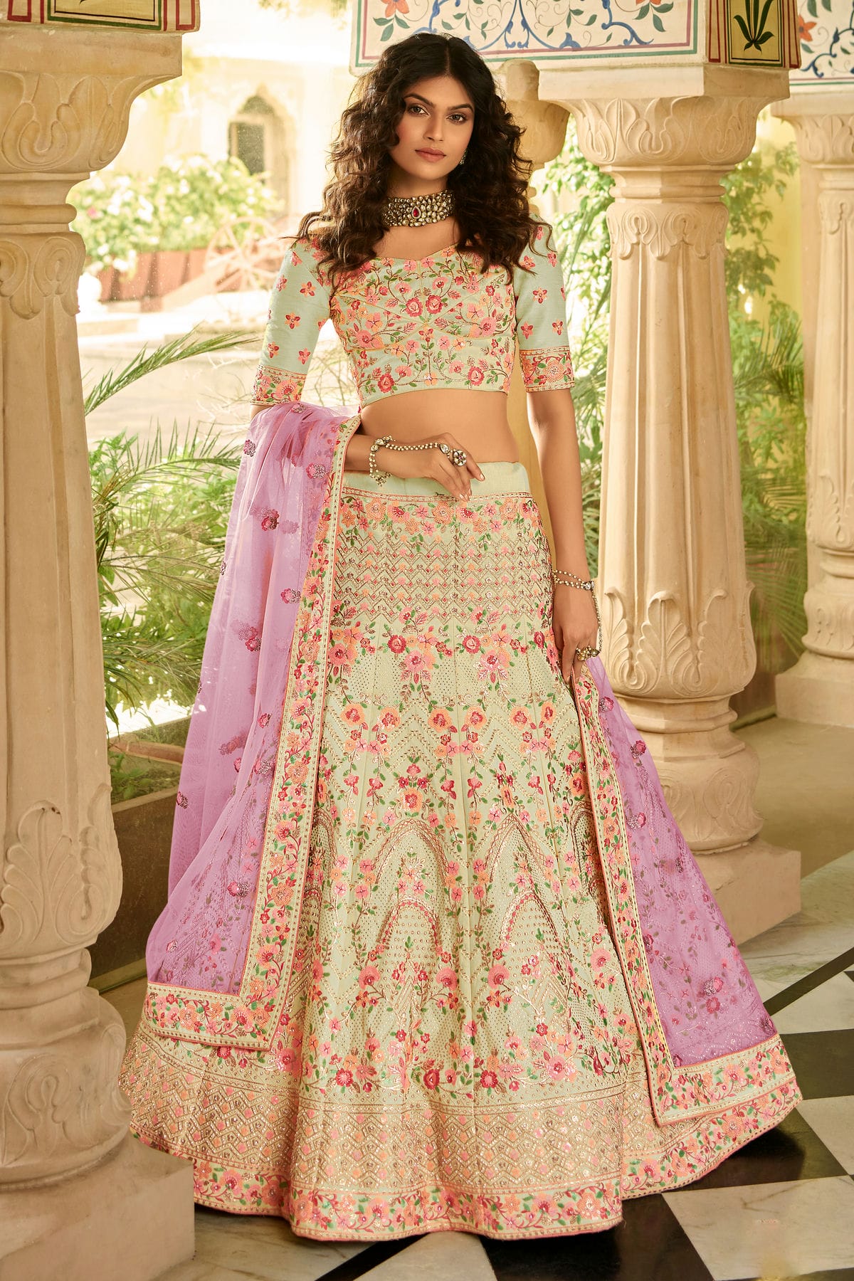 Cream Colour Embroidery Organza Lehenga Choli